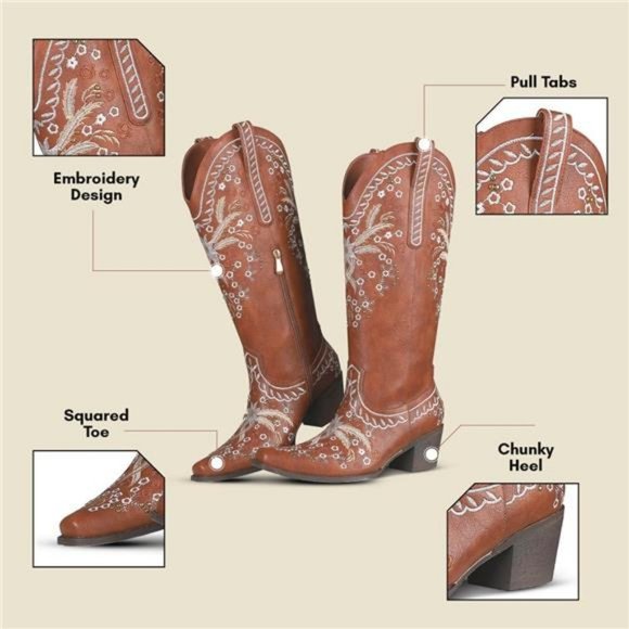 Western Cowboy Boots Cowgirl Chunky Heel Mid Calf Boot Snip Toe Embroide… - Picture 6 of 7